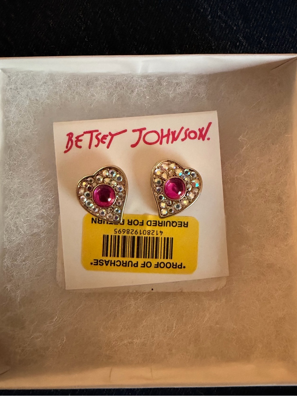 Betsey Johnson Gold Heart Stud Earrings with Pink Center Stones